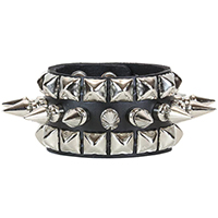 1 Rows Of 1" Spikes & 2 Rows Of Pyramids on a Black Leather Snap Bracelet by Funk Plus