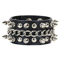 2 Rows Of 1/2" Spikes & Chain on a Black Leather Snap Bracelet by Funk Plus