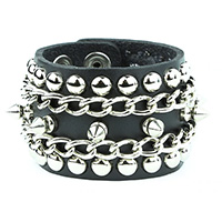 1/2" Spikes With Spots & Chains on a Snap Black Leather Bracelet by Funk Plus