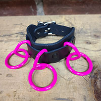 3 Ring Black Leather Bondage Bracelet by Funk Plus (Pink Rings)