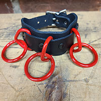 3 Ring Black Leather Bondage Bracelet by Funk Plus (Red Rings)