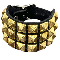 3 Rows of BRASS Pyramids on a Black Leather Buckle Bracelet by Funk Plus