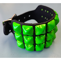 3 Rows of GREEN Pyramids on a Black Leather Buckle Bracelet by Funk Plus