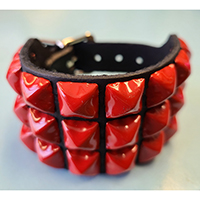3 Rows of RED Pyramids on a Black Leather Buckle Bracelet by Funk Plus
