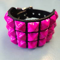 3 Rows of PINK Pyramids on a Black Leather Buckle Bracelet by Funk Plus