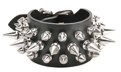 2 Rows Of 1/2" Spikes, 1 Row Of 1" Spikes on a Black Leather Buckle Bracelet by Funk Plus