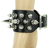 2 Rows Of 1/2" Spikes, 1 Row Of 1" Spikes on a Black Leather Buckle Bracelet by Funk Plus