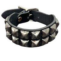 2 Rows Of Black Pyramids on a Black Leather Buckle Bracelet by Funk Plus