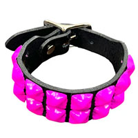2 Rows Of Pink Pyramids on a Black Leather Buckle Bracelet by Funk Plus