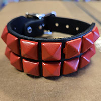 2 Rows Of Red Pyramids on a Black Leather Buckle Bracelet by Funk Plus