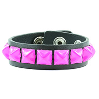 1 Row Of Pink Pyramids on a Black Leather Bracelet by Funk Plus