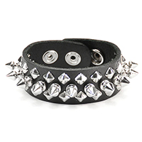 1 Row 1/2" Spikes, 2 Rows Of Small Diamond Studs on a Black Leather Snap Bracelet by Funk Plus