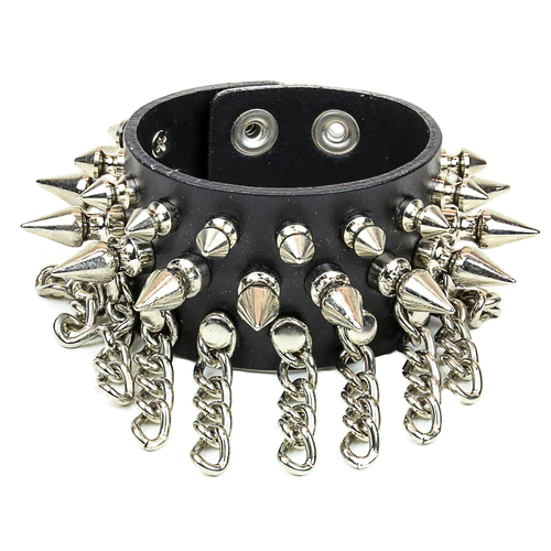 2 Row Of 1/2" Spikes, 1 Row Of 1" Spikes With Chains on a Black Leather Snap Bracelet by Funk Plus
