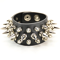 2 Rows 1/2" Spikes, 1 Row 1" Spikes on a Black Leather Snap Bracelet by Funk Plus