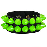 2 Rows Of Neon Greeen British Cones On A Black Leather Bracelet by Funk Plus