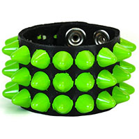3 Rows Of Neon Green British Cones On A Black Leather Bracelet by Funk Plus