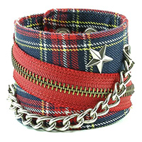Plaid Bracelet With Zipper & Chain by Funk Plus- Blue Plaid