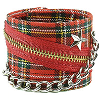 Plaid Bracelet With Zipper & Chain by Funk Plus- Red Plaid