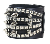 Spikes & 4 Pyramid Straps on a black leather bracelet by Funk Plus- Black Leather