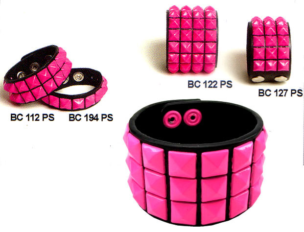 2 Rows of PINK Pyramids on a Black Leather Bracelet by Funk Plus