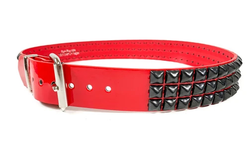 3 Rows Of Black Pyramids on a Red Patent belt by Funk Plus (Vegan)