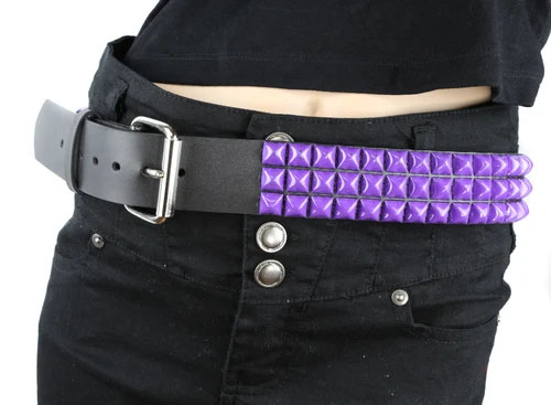 3 Rows Of PURPLE PYRAMIDS on a BLACK LEATHER belt by Funk Plus