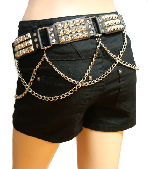 3 Rows Of Pyramids Linked Together With Chains on a BLACK LEATHER belt by Funk Plus