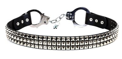 Black Leather Belt With 3 Rows Of Pyramids & Handcuff Fastener by Funk Plus