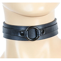 Leather Strap & Ring Black Leather Choker by Funk Plus (Black/Black With Black Ring)