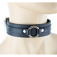 Leather Strap & Ring Black Leather Choker by Funk Plus (Black/Black With Silver Ring)