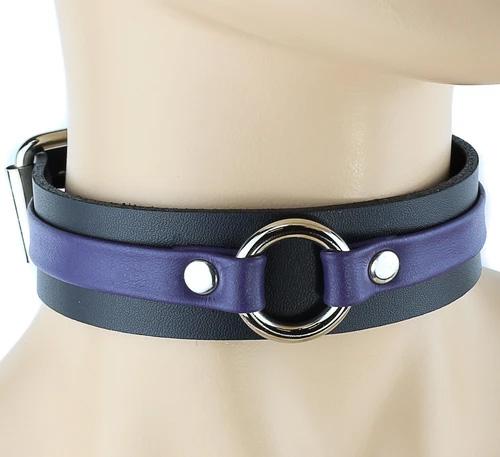 Leather Strap & Ring Black Leather Choker by Funk Plus (Black/Purple With Silver Ring)