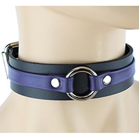 Leather Strap & Ring Black Leather Choker by Funk Plus (Black/Purple With Silver Ring)