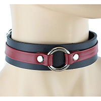 Leather Strap & Ring Black Leather Choker by Funk Plus (Black/Red With Silver Ring)