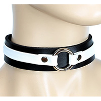 Leather Strap & Ring Black Leather Choker by Funk Plus (Black/White With Silver Ring)