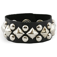 Pyramid & Spot Studs on a Snap Black Leather Bracelet by Funk Plus- Silver