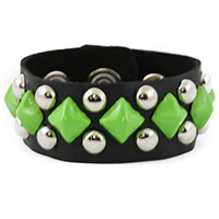 Pyramid & Spot Studs on a Snap Black Leather Bracelet by Funk Plus- Green