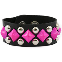 Pyramid & Spot Studs on a Snap Black Leather Bracelet by Funk Plus- Pink
