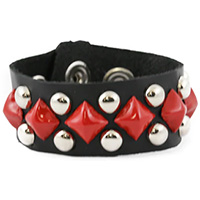 Pyramid & Spot Studs on a Snap Black Leather Bracelet by Funk Plus- Red