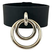 Double Ring Black Leather Bondage Bracelet by Funk Plus- Silver
