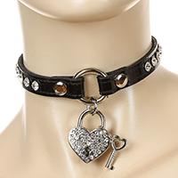 1 Row Rhinestone Black Patent Choker With Rhinestone Heart Lock by Funk Plus