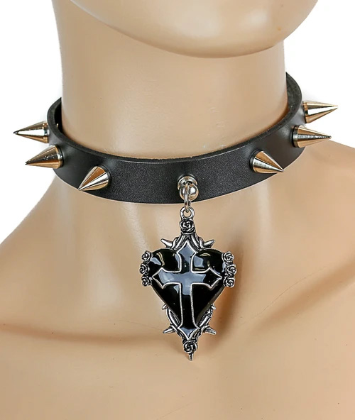 Cone Studs And Black Heart With Cross on a black leather choker by Funk Plus
