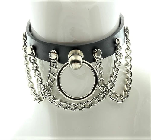 Black Leather Choker With Knocker Ring And Hanging Chains by Funk Plus