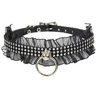 3 Rows Of Rhinestones With Knocker Ring & Lace Choker by Funk Plus- Black Leather