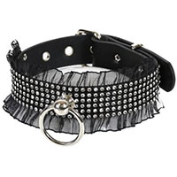 6 Rows Of Rhinestones With Knocker Ring & Lace Black Leather Choker by Funk Plus- Black Leather