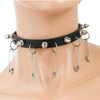 Spikes And Safety Pins Choker in Black Leather by Funk Plus