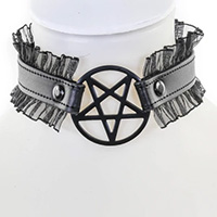 Pentagram (Black) On A Black Leather With Lace Choker by Funk Plus