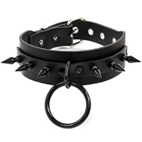 1 Row 1" Black Spikes & Black Ring on a Black Leather Choker by Funk Plus