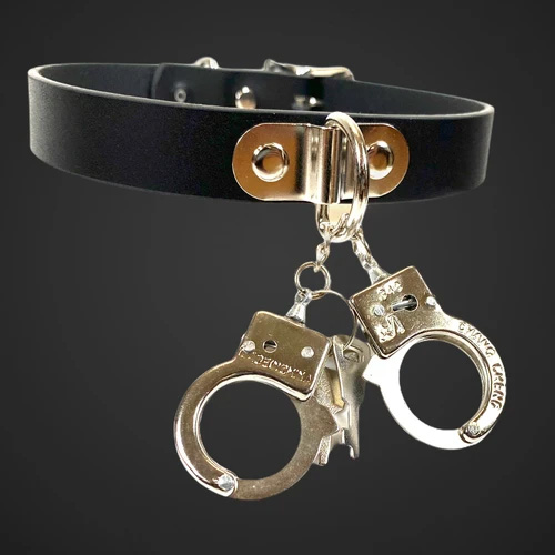 Black Leather Choker With Dangling Handcuffs by Funk Plus