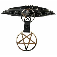 Black Leather Choker With 1" Spikes and Double Hanging Pentagram by Funk Plus