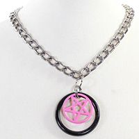 Black Ring & Pentagram Pendant & Chain by Funk Plus- Pink Pentagram